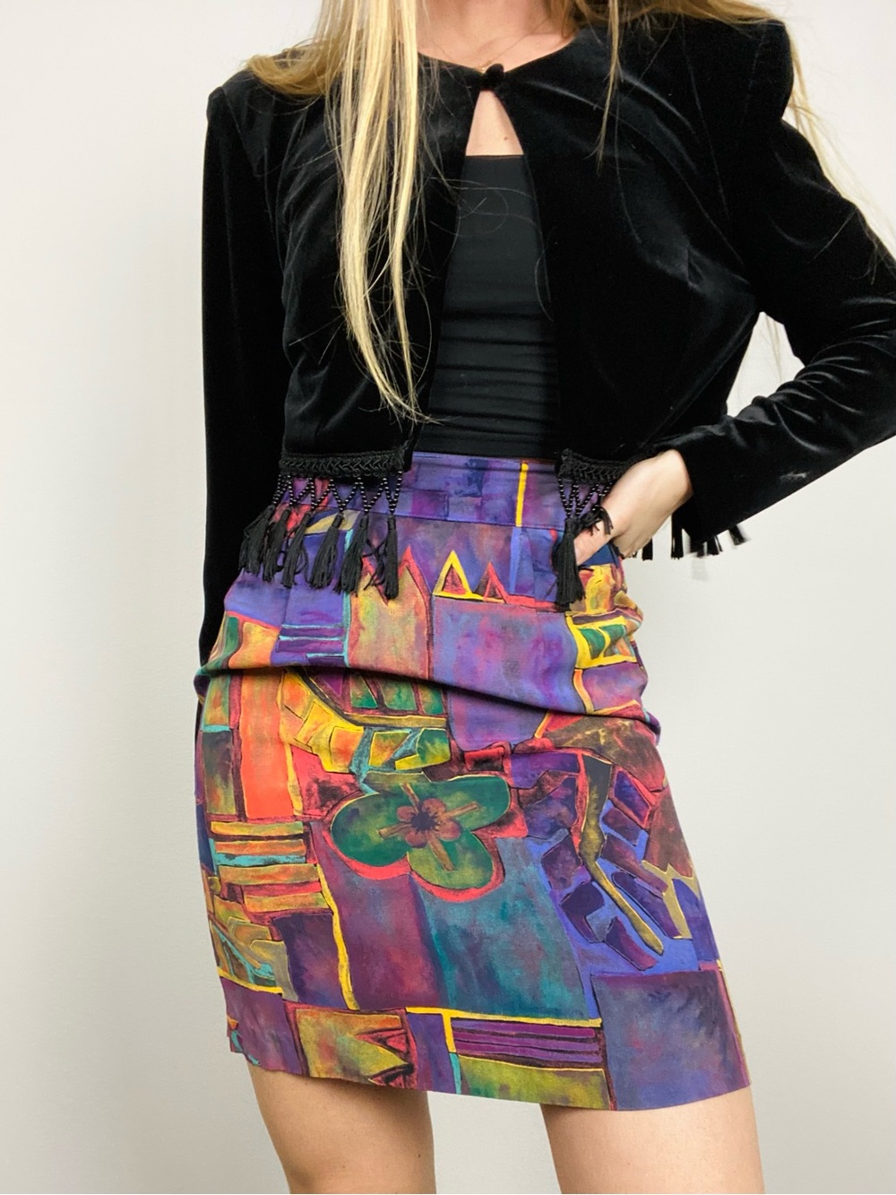 VINTAGE 90s Abstract Art Print High Waist Pencil Skirt Silk Feel Retro